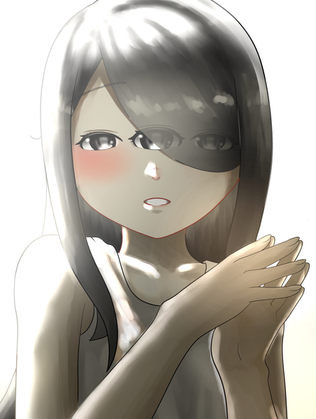 Anime picture 2894x3844 with original kakiagemaru single long hair tall image looking at viewer blush fringe highres black hair simple background smile white background upper body black eyes hair over one eye fingers together girl third eye