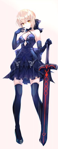 Anime picture 1562x4000 with fate (series) fate/grand order artoria pendragon (all) saber alter minin982 single tall image looking at viewer blush fringe short hair breasts simple background blonde hair hair between eyes standing bare shoulders holding yellow eyes payot