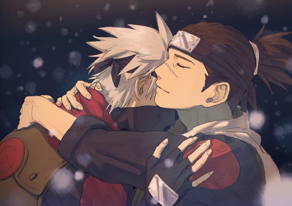 Anime picture 1000x707 with naruto studio pierrot naruto (series) hatake kakashi umino iruka brown hair white hair ponytail eyes closed profile multiple boys hug snowing scar winter twisty sleeves spiked hair boy gloves black gloves