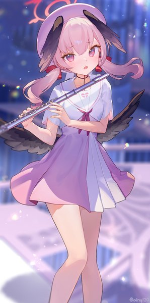 Anime picture 900x1814 with blue archive koharu (blue archive) ainy single long hair tall image looking at viewer blush fringe open mouth hair between eyes standing twintails pink hair pink eyes alternate costume low twintails black wings head wings sailor collar