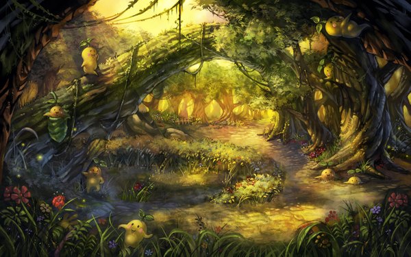 Anime picture 1787x1117 with original zudarts lee blush highres sunlight no people landscape nature flower (flowers) plant (plants) animal tree (trees) grass forest vines path