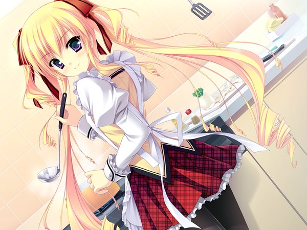 Anime picture 1200x900 with princess party! princess party camellia onisaki yukari single long hair looking at viewer blonde hair standing purple eyes game cg indoors light smile from behind dutch angle drill hair plaid skirt girl skirt ribbon (ribbons) hair ribbon