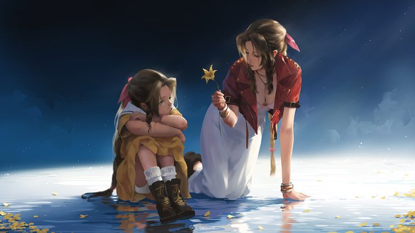 Anime picture 1600x900 with final fantasy final fantasy vii final fantasy vii remake square enix aerith gainsborough g-tz long hair fringe breasts light erotic brown hair wide image sitting multiple girls holding green eyes signed payot looking away full body