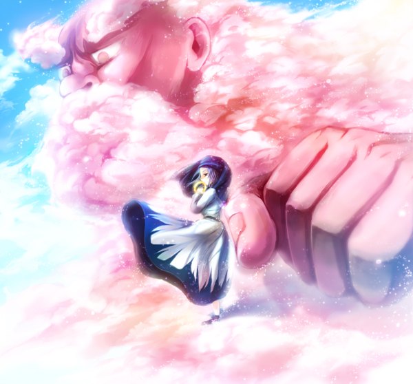 Anime picture 1200x1117 with touhou kumoi ichirin unzan yukiiri blush short hair standing blue hair sky cloud (clouds) profile wind girl dress boy hood hoop earrings