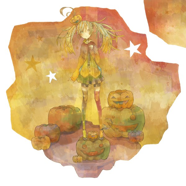 Anime picture 1766x1766 with vocaloid hatsune miku mizutamari tori highres twintails ahoge halloween girl thighhighs skirt jacket star (symbol) vegetables jack-o'-lantern pumpkin