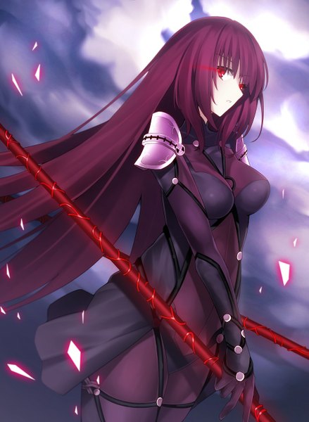 Anime picture 956x1308 with fate (series) fate/grand order type-moon scathach (fate) (all) scathach (fate) minamina single tall image looking at viewer blush fringe breasts red eyes large breasts holding sky purple hair very long hair parted lips glow