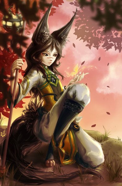 Anime picture 787x1200 with blade & soul lyn (blade & soul) protorc single long hair tall image looking at viewer black hair animal ears yellow eyes tail traditional clothes animal tail lips scar girl leaf (leaves) insect butterfly staff