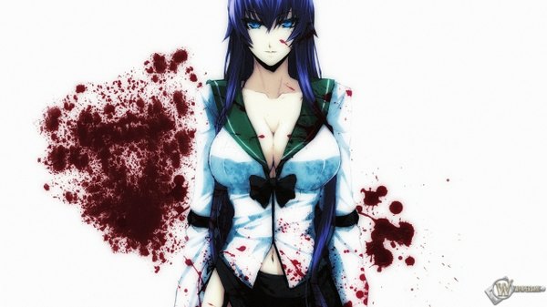 Anime picture 1280x720 with highschool of the dead madhouse busujima saeko single long hair breasts blue eyes light erotic wide image large breasts white background blue hair very long hair inscription girl skirt navel uniform school uniform bowtie