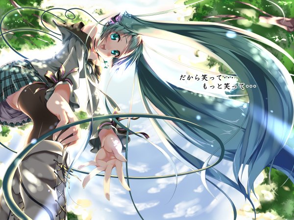 Anime picture 1200x900 with vocaloid hatsune miku piromizu long hair blush open mouth twintails sky cloud (clouds) aqua eyes aqua hair girl thighhighs skirt black thighhighs plant (plants) miniskirt tree (trees) wire (wires)