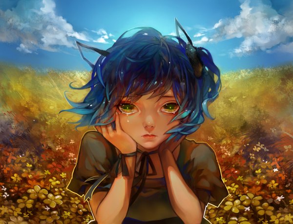Anime picture 1368x1050 with original terrie923 single looking at viewer fringe short hair green eyes blue hair sky cloud (clouds) lips tears horizon expressionless girl flower (flowers) ribbon (ribbons) plant (plants) teardrop
