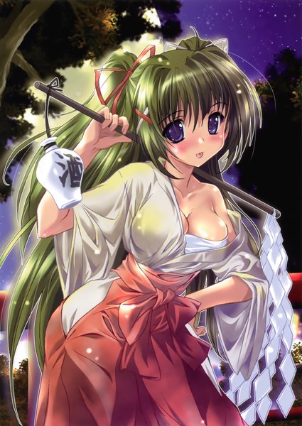 Anime picture 3115x4400 with komatsu eiji single long hair tall image looking at viewer blush highres breasts light erotic purple eyes twintails absurdres cleavage traditional clothes green hair :p girl ribbon (ribbons) plant (plants) hair ribbon
