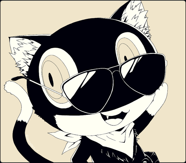 Anime picture 800x701 with persona 5 persona morgana (persona 5) kawasemi sumika single simple background looking away monochrome no people adjusting sunglasses animal cat sunglasses bandana