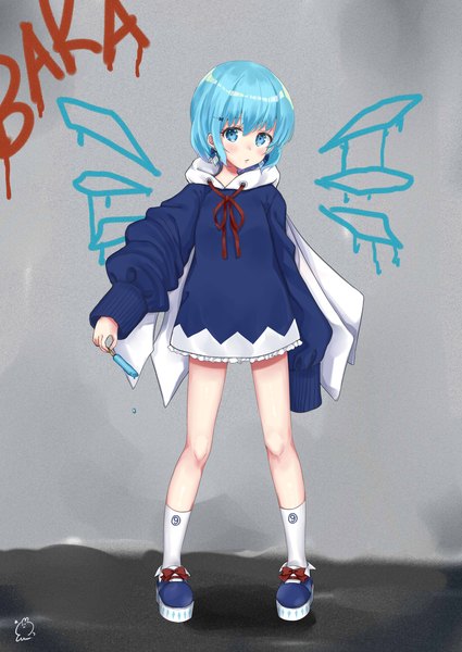 Anime picture 2507x3541 with touhou cirno sei ichi (shiratamamikan) single tall image looking at viewer highres short hair blue eyes standing signed blue hair full body long sleeves grey background text sleeves past wrists adapted costume romaji text girl