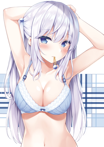 Anime picture 2508x3541 with original karutamo single long hair tall image looking at viewer blush fringe highres breasts blue eyes light erotic simple background hair between eyes large breasts white background holding payot cleavage silver hair