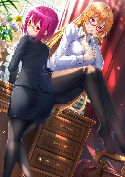 Anime picture 1102x1560 with shokugeki no soma j.c. staff nakiri erina arato hisako swordsouls long hair tall image looking at viewer blush fringe breasts light erotic blonde hair smile hair between eyes sitting purple eyes multiple girls holding brown eyes