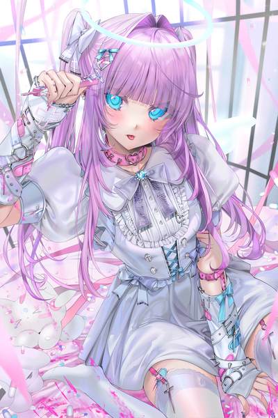 Anime picture 3333x5000 with original luna (unxi) unxi single long hair tall image looking at viewer blush fringe highres blue eyes sitting holding payot absurdres purple hair blunt bangs eyes closed long sleeves nail polish