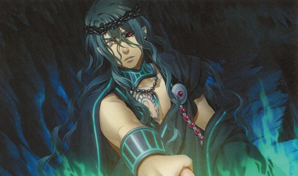 Anime-Bild 4313x2553 mit kamigami no asobi brains base (studio) hades aidoneus yone kazuki single long hair looking at viewer fringe highres hair between eyes red eyes wide image bare shoulders holding yellow eyes payot absurdres parted lips pointy ears scan