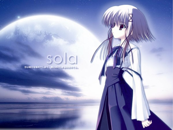 Anime picture 1024x768 with sola morimiya aono single fringe short hair red eyes cloud (clouds) white hair profile inscription copyright name looking up girl dress ribbon (ribbons) hair ribbon sea moon