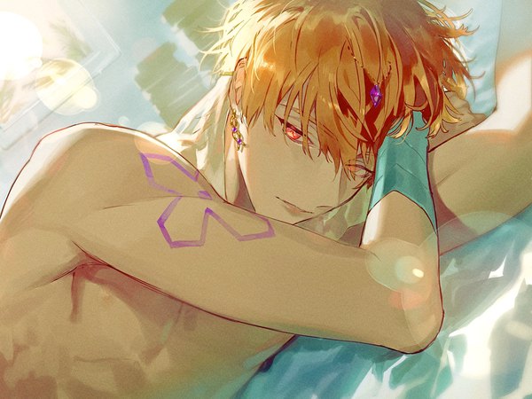 Anime picture 2048x1536 with fate (series) fate/grand order gilgamesh (fate) gilgamesh (caster) (fate) bikkusama single fringe highres short hair blonde hair hair between eyes red eyes lying tattoo lens flare on side boy