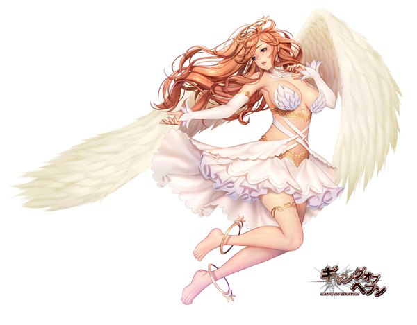 Anime picture 900x704 with gang of heaven masami chie single long hair blush breasts open mouth light erotic simple background large breasts white background purple eyes looking away full body orange hair official art white wings girl skirt detached sleeves