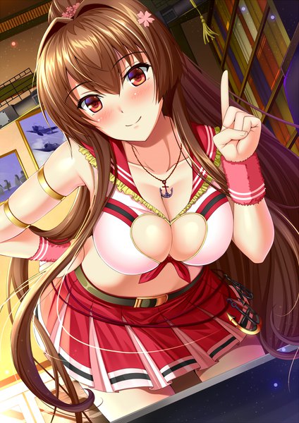 Anime picture 723x1023 with kantai collection yamato super battleship shibata rai single long hair tall image looking at viewer blush fringe breasts light erotic smile hair between eyes brown hair large breasts ponytail indoors pleated skirt hair flower leaning