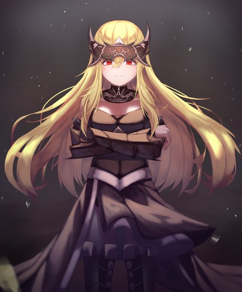 Anime-Bild 1736x2100 mit dungeon and fighter sugar (dndi888) single long hair tall image looking at viewer fringe highres light erotic simple background blonde hair hair between eyes red eyes wind black background crossed arms girl dress detached collar