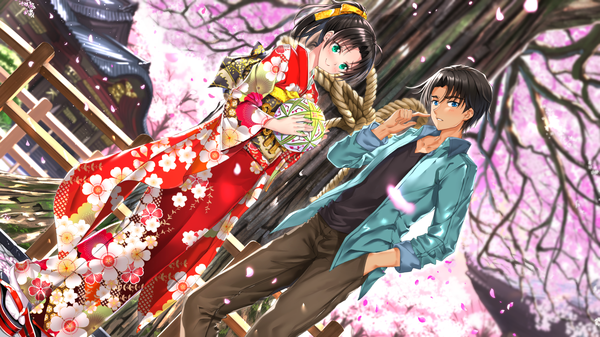 イラスト 1920x1080 と 名探偵コナン hattori heiji kazuha toyama 刃天 カメラ目線 赤面 前髪 highres 短い髪 青い目 黒髪 笑顔 hair between eyes wide image 立つ holding ポニーテール traditional clothes parted lips 和服