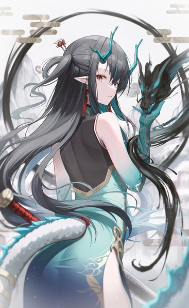 Anime picture 2000x3271 with arknights dusk (arknights) dusk (everything is a miracle) (arknights) fall (aki) single long hair tall image looking at viewer fringe highres black hair hair between eyes standing brown eyes ass tail traditional clothes looking back horn (horns) pointy ears