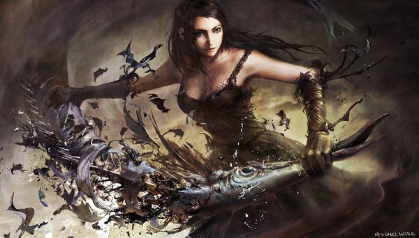 Anime picture 1280x731 with original ryohei hase single long hair black hair wide image wallpaper girl dress fish (fishes)