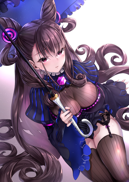 Anime picture 2894x4093 with fate (series) fate/grand order murasaki shikibu (fate) hane yuki single tall image looking at viewer blush fringe highres breasts open mouth light erotic simple background hair between eyes brown hair large breasts white background sitting purple eyes
