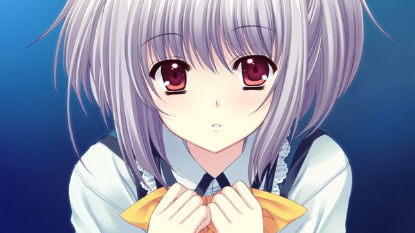Anime picture 1280x720 with world wide love! (game) kona nako nishimata aoi single short hair simple background red eyes wide image game cg silver hair grey hair girl