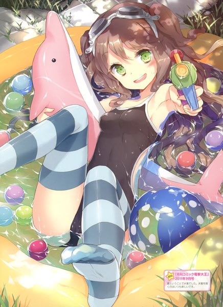 Anime picture 2464x3391 with original cuteg single tall image highres short hair open mouth light erotic brown hair green eyes absurdres girl thighhighs swimsuit plant (plants) water grass striped thighhighs beachball water gun