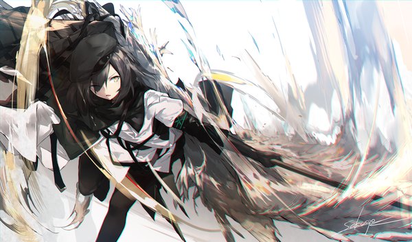 Anime picture 4912x2894 with arknights plume (arknights) sakusyo single fringe highres short hair black hair wide image signed yellow eyes looking away absurdres hair over one eye outstretched arm girl beret infection monitor (arknights)