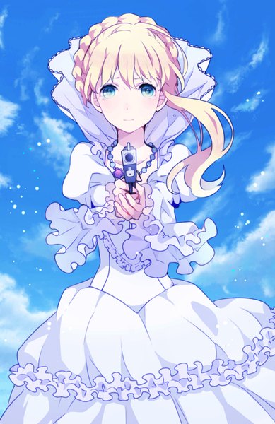 Anime picture 1233x1900 with aldnoah.zero a-1 pictures asseylum vers allusia biskekun single long hair tall image looking at viewer fringe blue eyes blonde hair holding sky cloud (clouds) wind wide sleeves girl dress weapon white dress