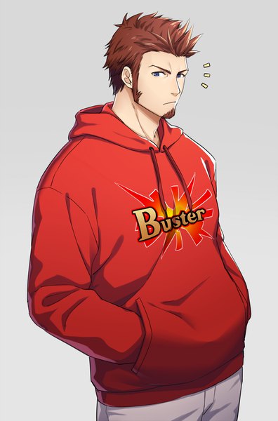 Anime picture 660x1000 with fate (series) fate/grand order napoleon bonaparte (fate) 47 single tall image looking at viewer short hair blue eyes simple background brown hair upper body grey background alternate costume clothes writing hands in pockets contemporary boy hood hoodie