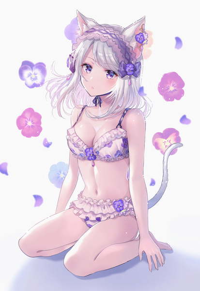 Anime picture 972x1410 with original myusha single long hair tall image looking at viewer blush fringe breasts light erotic simple background white background sitting animal ears cleavage purple hair silver hair tail animal tail cat ears