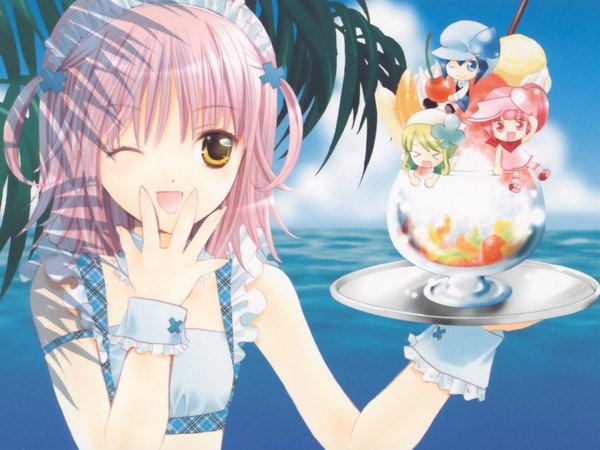 Anime picture 1024x768 with shugo chara! hinamori amu ran (shugo chara!) suu (shugo chara!) miki (shugo chara!) peach-pit looking at viewer short hair open mouth multiple girls holding brown eyes pink hair upper body one eye closed wink two side up chibi ;d hand to mouth