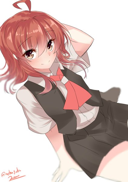 Anime picture 1500x2121 with kantai collection arashi destroyer nebusoku single tall image looking at viewer fringe short hair simple background smile white background sitting brown eyes signed ahoge red hair from above arm support arm behind head girl