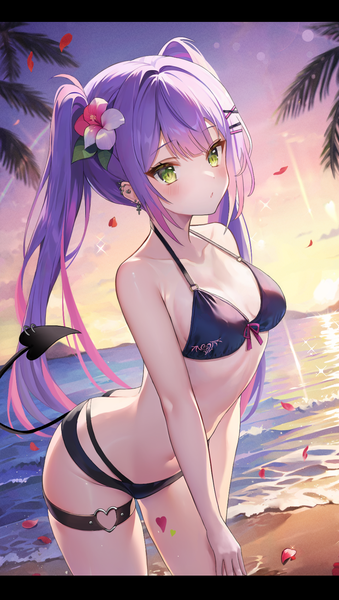 Anime picture 959x1698 with virtual youtuber hololive tokoyami towa aria (ariacue) single long hair tall image blush light erotic twintails green eyes looking away sky purple hair tail beach piercing evening ear piercing sunset