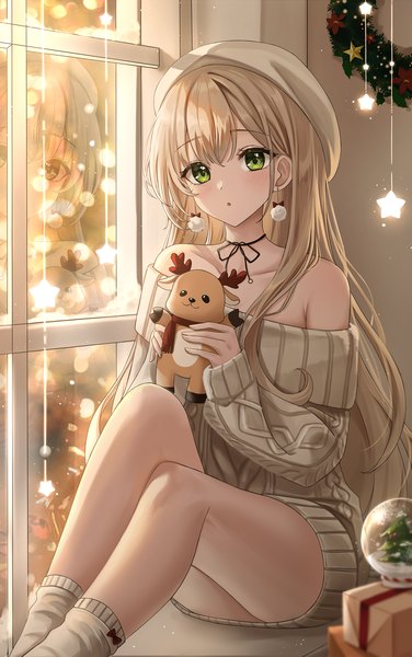 Anime picture 1400x2235 with original pora 0918 single long hair tall image looking at viewer blush fringe open mouth blonde hair sitting bare shoulders holding green eyes bent knee (knees) indoors long sleeves off shoulder :o sleeves past wrists