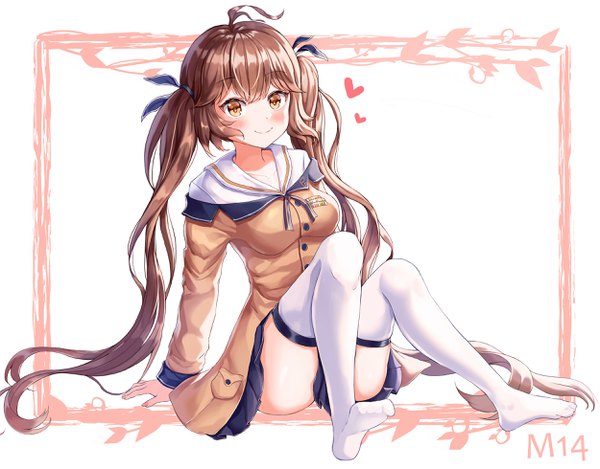 Anime picture 2500x1958 with girls frontline m14 (girls frontline) wabbajack single looking at viewer blush fringe highres light erotic simple background smile brown hair white background sitting twintails brown eyes payot full body ahoge bent knee (knees)