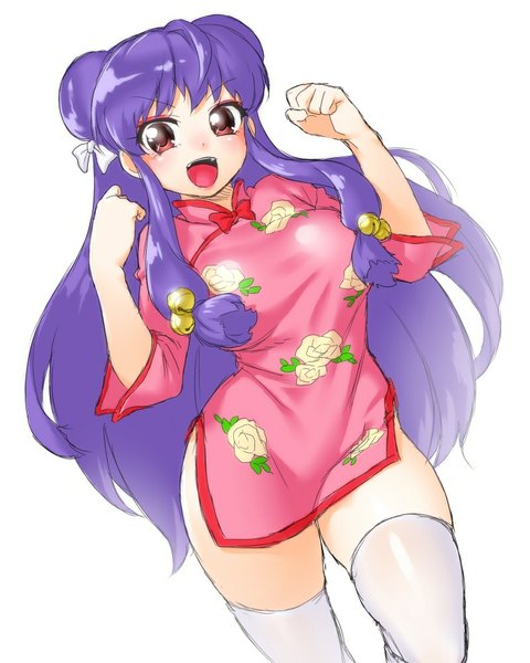 Anime picture 800x1000 with ranma 1/2 shampoo (ranma 1/2) onsoku inu single long hair tall image blush open mouth light erotic simple background red eyes white background purple hair hair bun (hair buns) chinese clothes girl thighhighs white thighhighs bell jingle bell