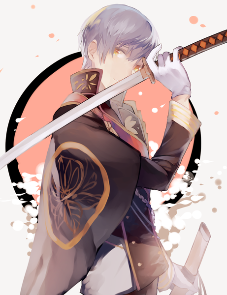 Anime picture 1000x1300 with touken ranbu nitroplus ichigo hitofuri ec (nijyon) single tall image looking at viewer fringe short hair yellow eyes grey hair weapon over shoulder boy gloves uniform weapon petals sword white gloves katana