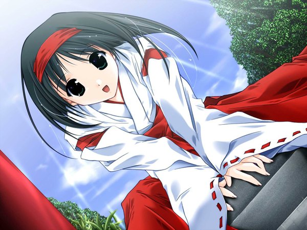 Аниме картинка 1600x1200 с высокое разрешение японская одежда мико девушка повязка на волосы