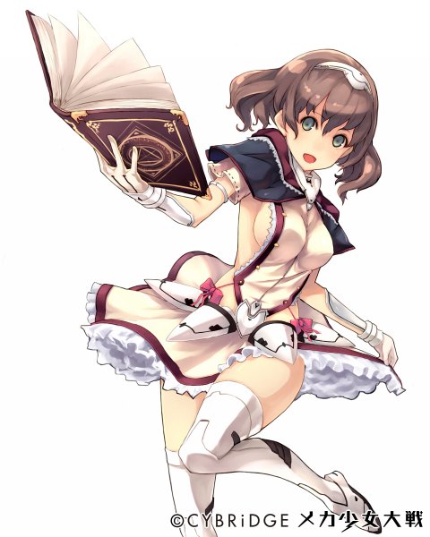 Anime picture 960x1200 with mecha shoujo taisen z keypot single tall image looking at viewer short hair breasts open mouth light erotic simple background brown hair white background green eyes no bra frilly skirt magical girl girl skirt gloves frills