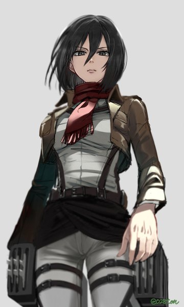Anime picture 600x1000 with shingeki no kyojin production i.g mikasa ackerman otton single tall image looking at viewer fringe short hair breasts black hair simple background hair between eyes standing holding signed long sleeves black eyes grey background open clothes