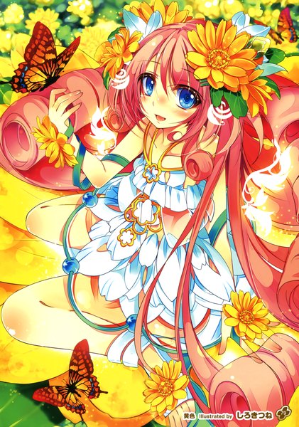 Anime picture 2524x3600 with girls, girls, girls! 11 (artbook) shirokitsune single tall image looking at viewer blush highres open mouth blue eyes pink hair very long hair hair flower scan official art girl dress hair ornament flower (flowers) insect butterfly