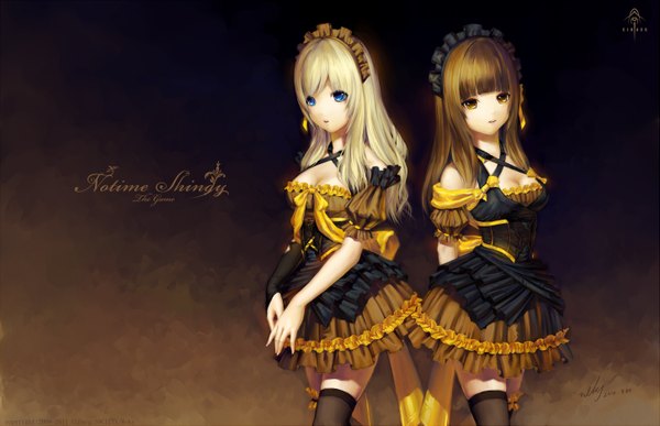 Anime picture 2893x1866 with lolores ancerl rolice grey long hair highres blue eyes blonde hair brown hair multiple girls yellow eyes girl dress 2 girls