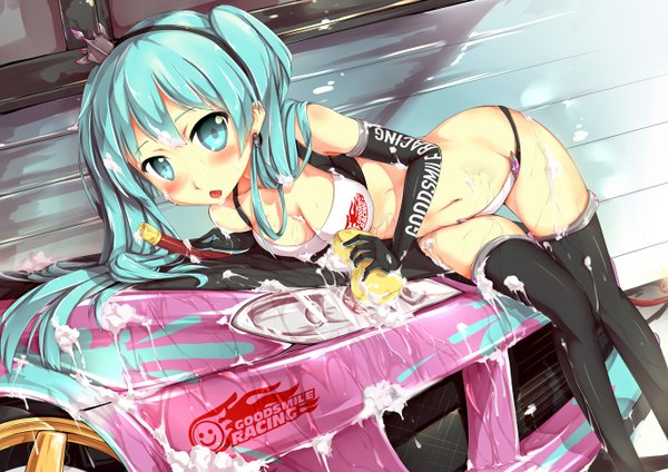 Anime picture 1366x966 with vocaloid goodsmile racing hatsune miku racing miku racing miku (2013) pack er 5 single looking at viewer blush open mouth light erotic twintails very long hair aqua hair midriff girl thighhighs gloves navel black thighhighs
