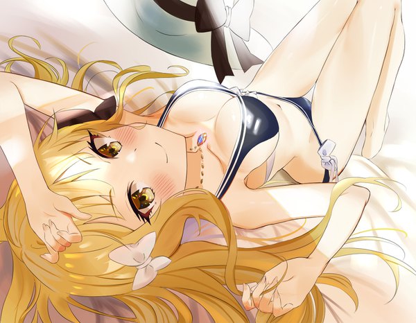 Anime picture 1366x1062 with princess connect! re:dive princess connect! saren (princess connect!) saren (real) (princess connect!) kinjinhzj single long hair looking at viewer blush fringe breasts light erotic blonde hair smile yellow eyes payot full body bent knee (knees) lying blunt bangs
